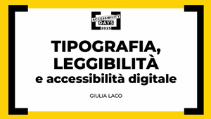 Tipografia, leggibilità e accessibilità digitale, slide copertina a testo nero su bianco cornice gialla e nera